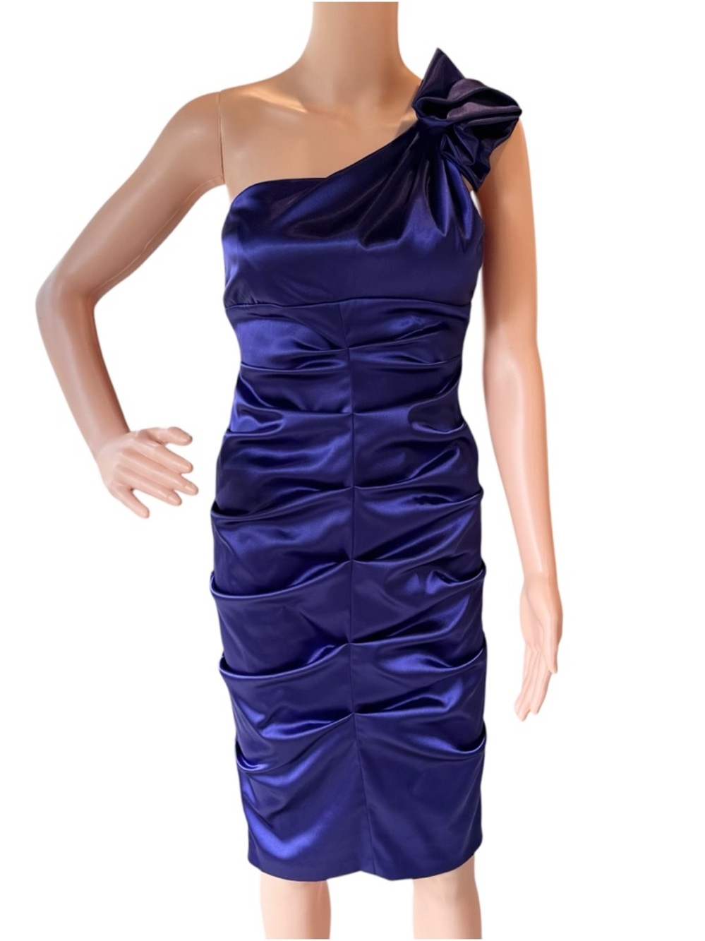 NWT Xscape Cocktail Dress Royal Blue/Purple Ruched One Shoulder Satin Mini Sz 6 - Picture 5 of 12